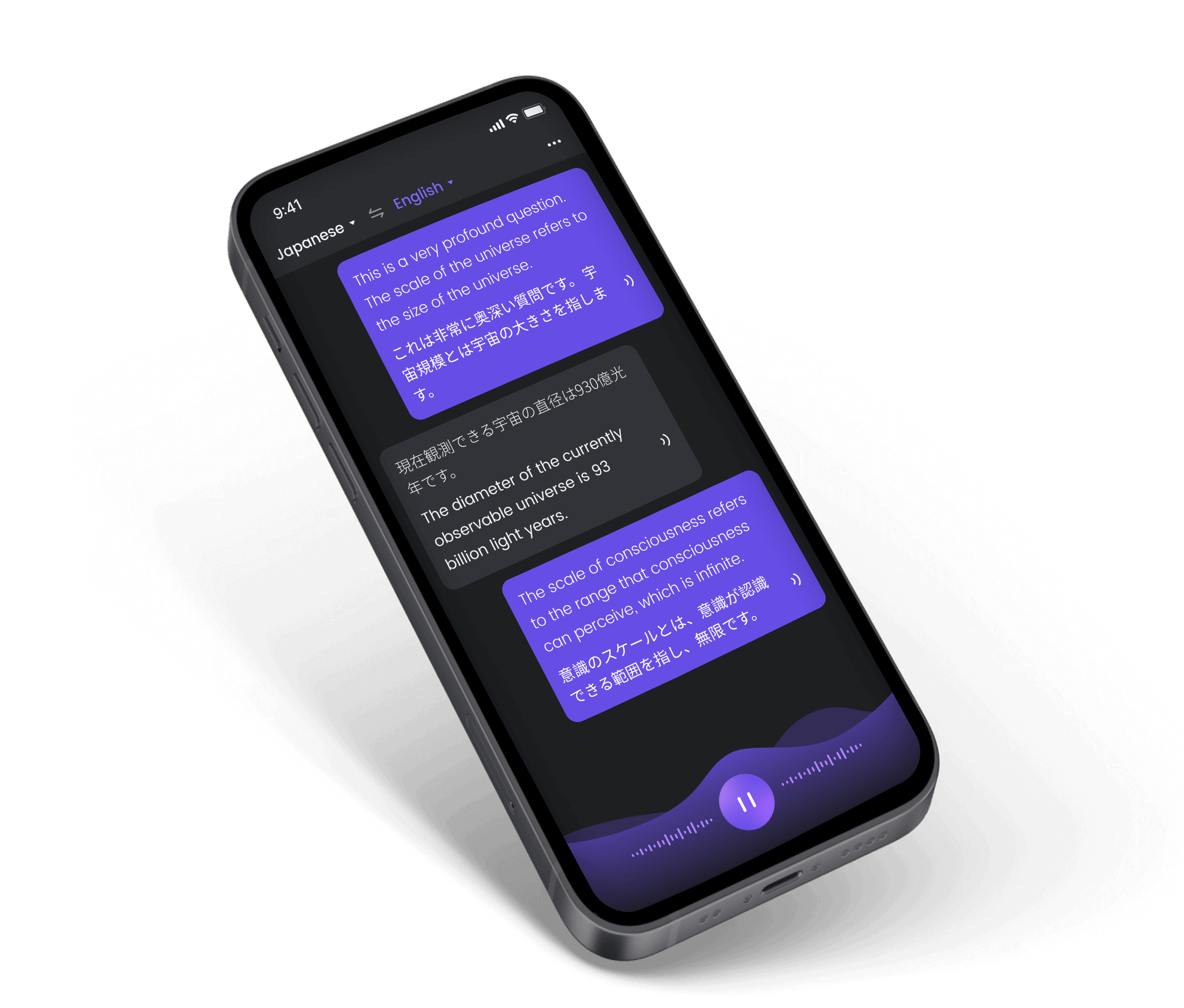 Translator app showing bilingual transcription and spoken translations