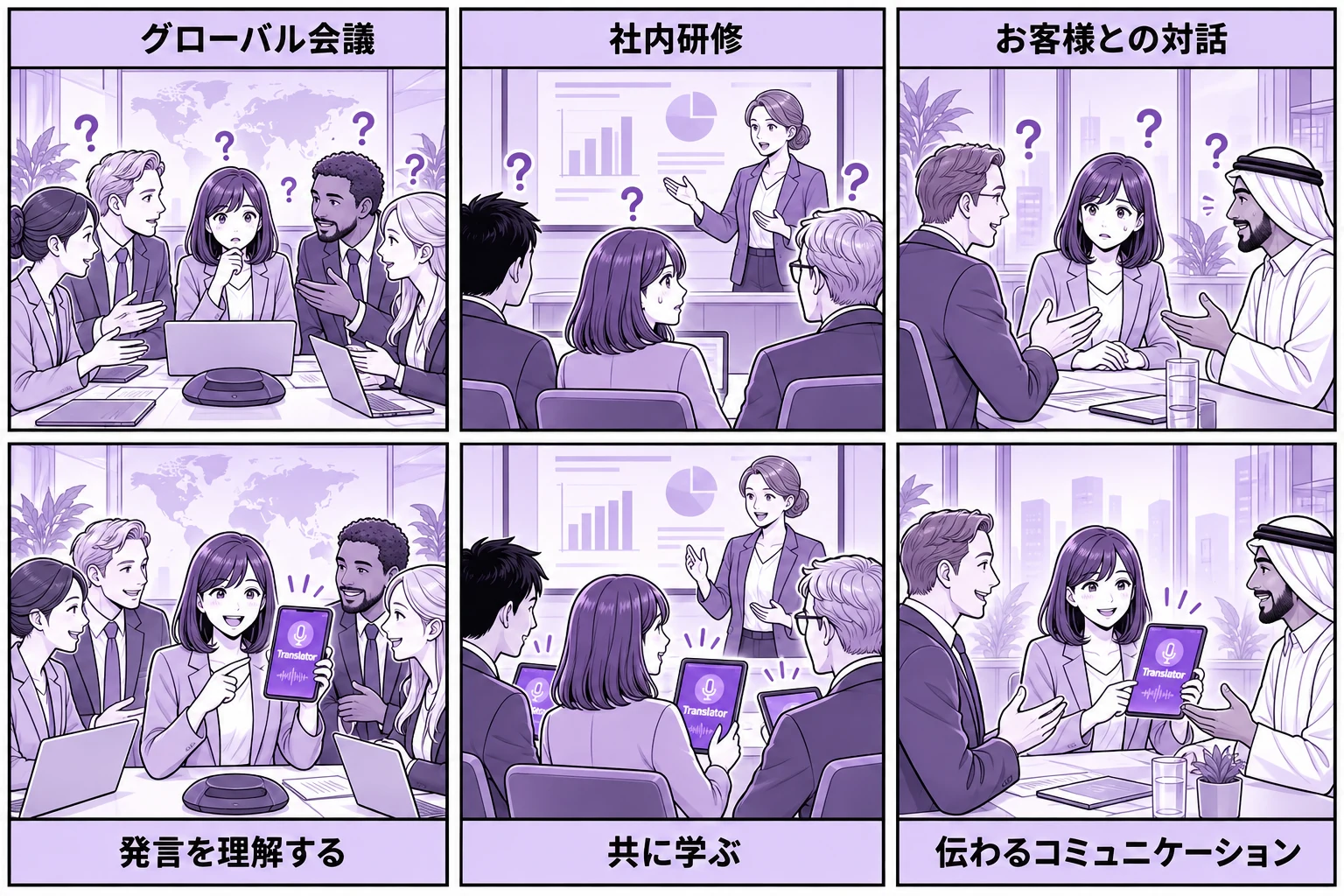Translator を使ったグローバル会議、社内研修、顧客対応を描く6コマの紹介