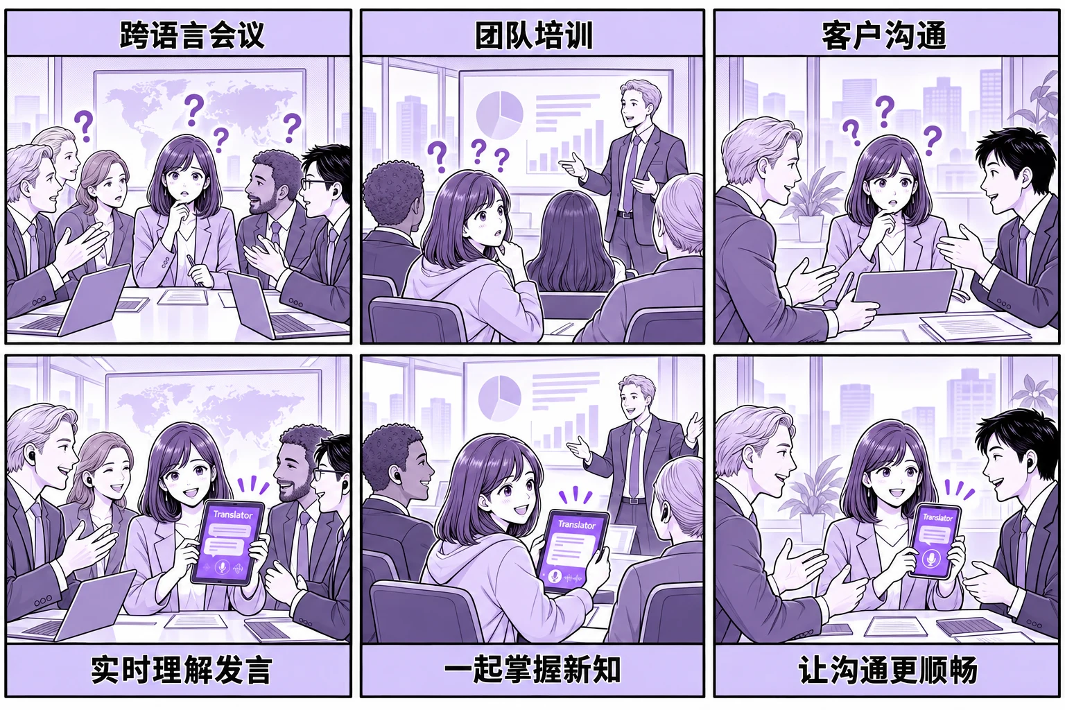 Translator 在跨语言会议、团队培训和客户沟通中的六格场景介绍