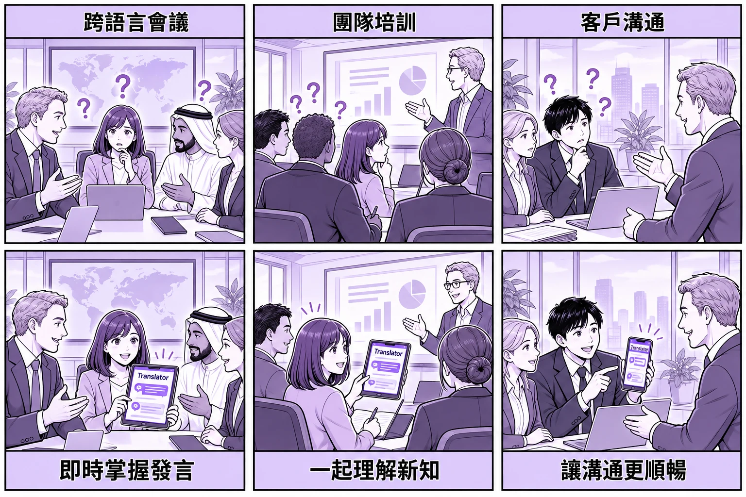 Translator 在跨語言會議、團隊培訓和客戶溝通中的六格場景介紹